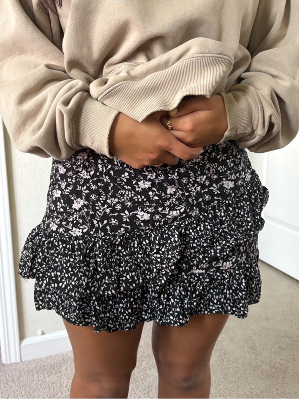 Floral Ruffle Tiered Mini Skirt - Black with pink Floral